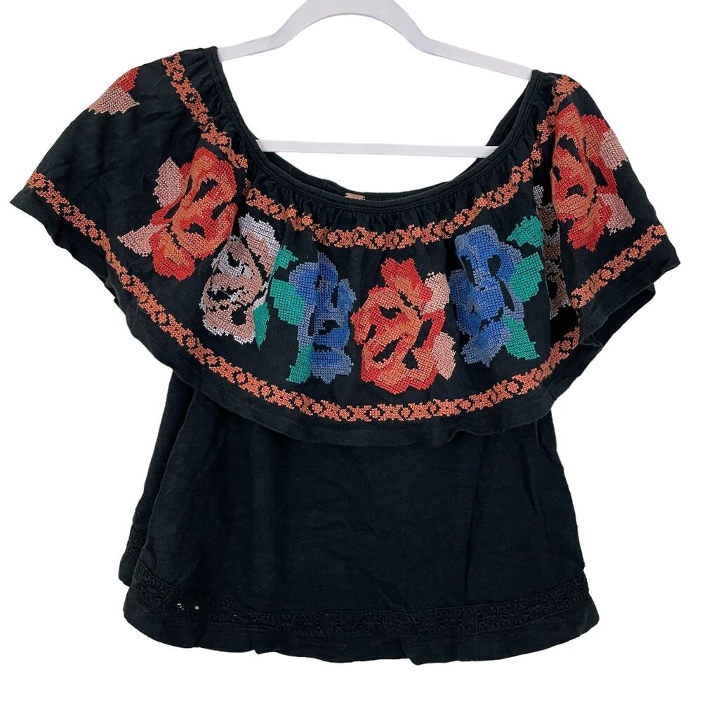 Free People Embroidered Off Shoulder Peasant Shirt Sz XS Black Cross Stitch